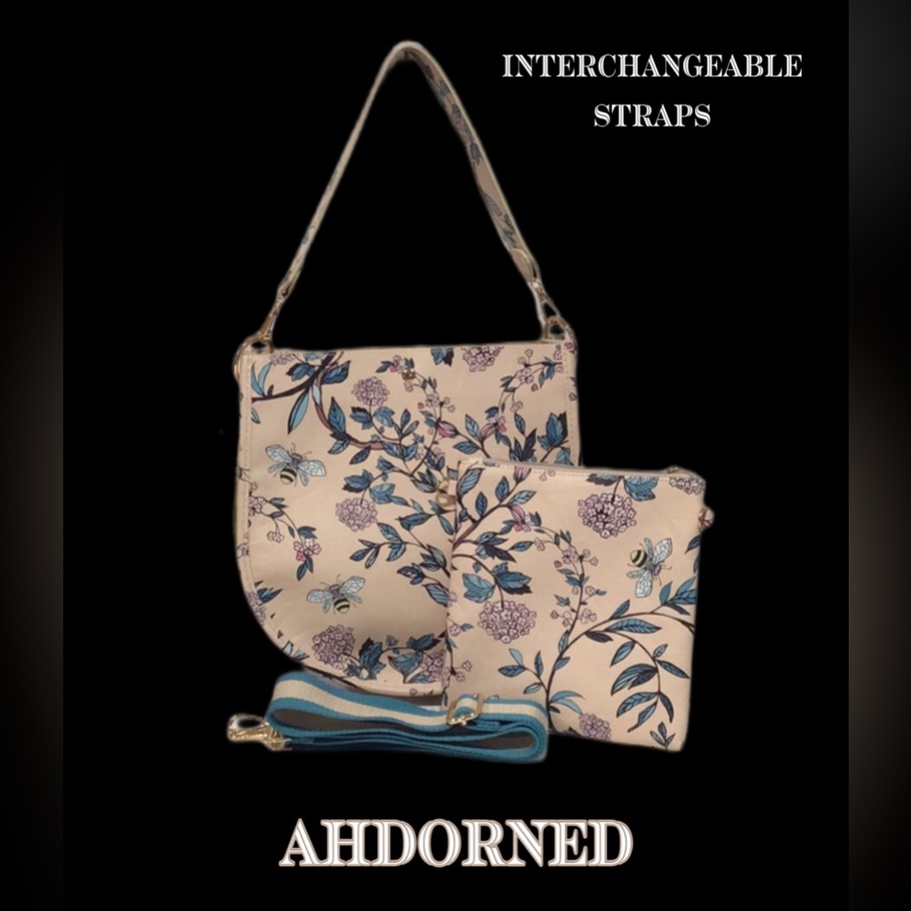 NWT AHDORNED NY Double Entry Messenger, RFID Pouch Companion, Cream Floral